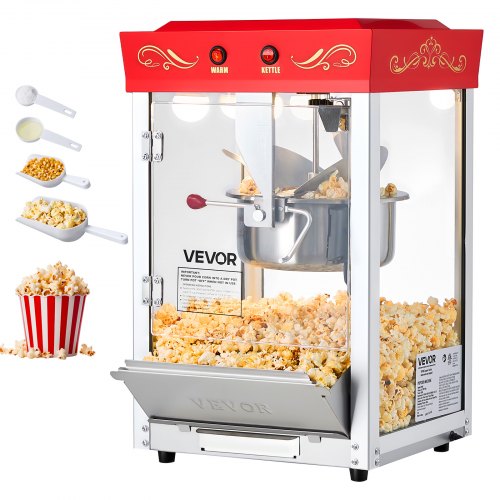 VEVOR Máquina de Palomitas con Hervidor de Acero Inoxidable de 0,2 kg, 800 W, 48 Tazas, Estilo Cine, con Control de 2 Botones, Puerta de PC con Panel de Vidrio, 1 Cucharada y 3 Cucharas, Rojo