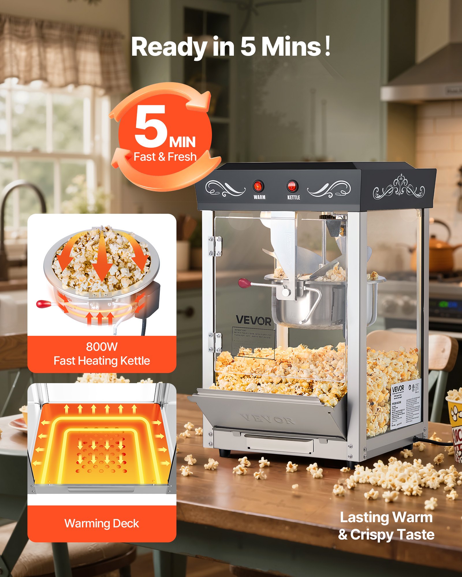 VEVOR Popcorn Machine, 0.2kg Stainless Steel Kettle, 800W Commercial Countertop Popcorn Maker, 48 Cups per Batch Theater Style Popper, with 2-Button Control Glass Wall PC Door 1 Scoop 3 Spoons, Black