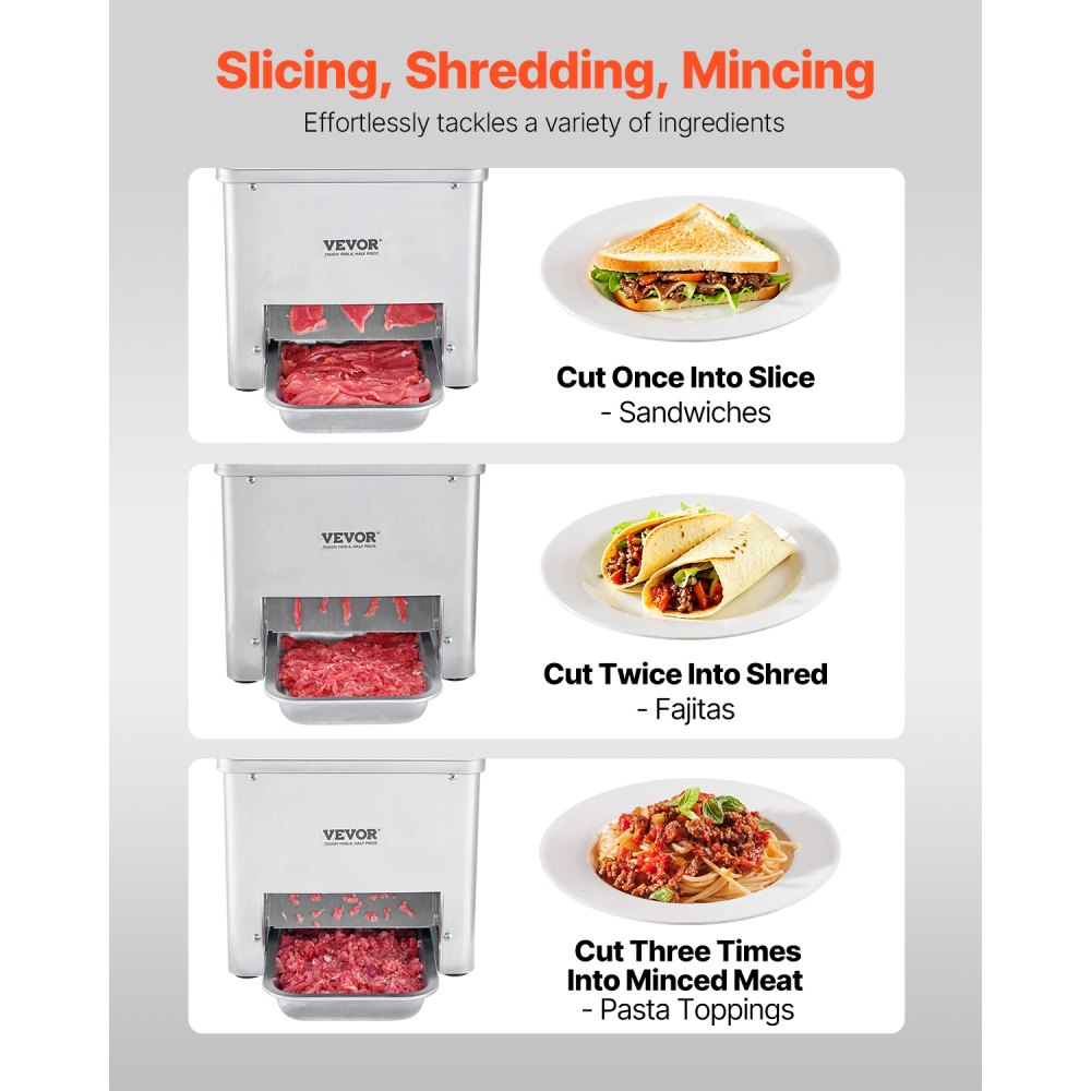 VEVOR Cortadora de Carne de 550 W 159 kg/h, Acero Inoxidable, Grosor de 3,5 mm, Cortadora de Alimentos Eléctrica para Cocina Doméstica, Restaurante, Supermercado, 360 x 345 x 418 mm, Plata