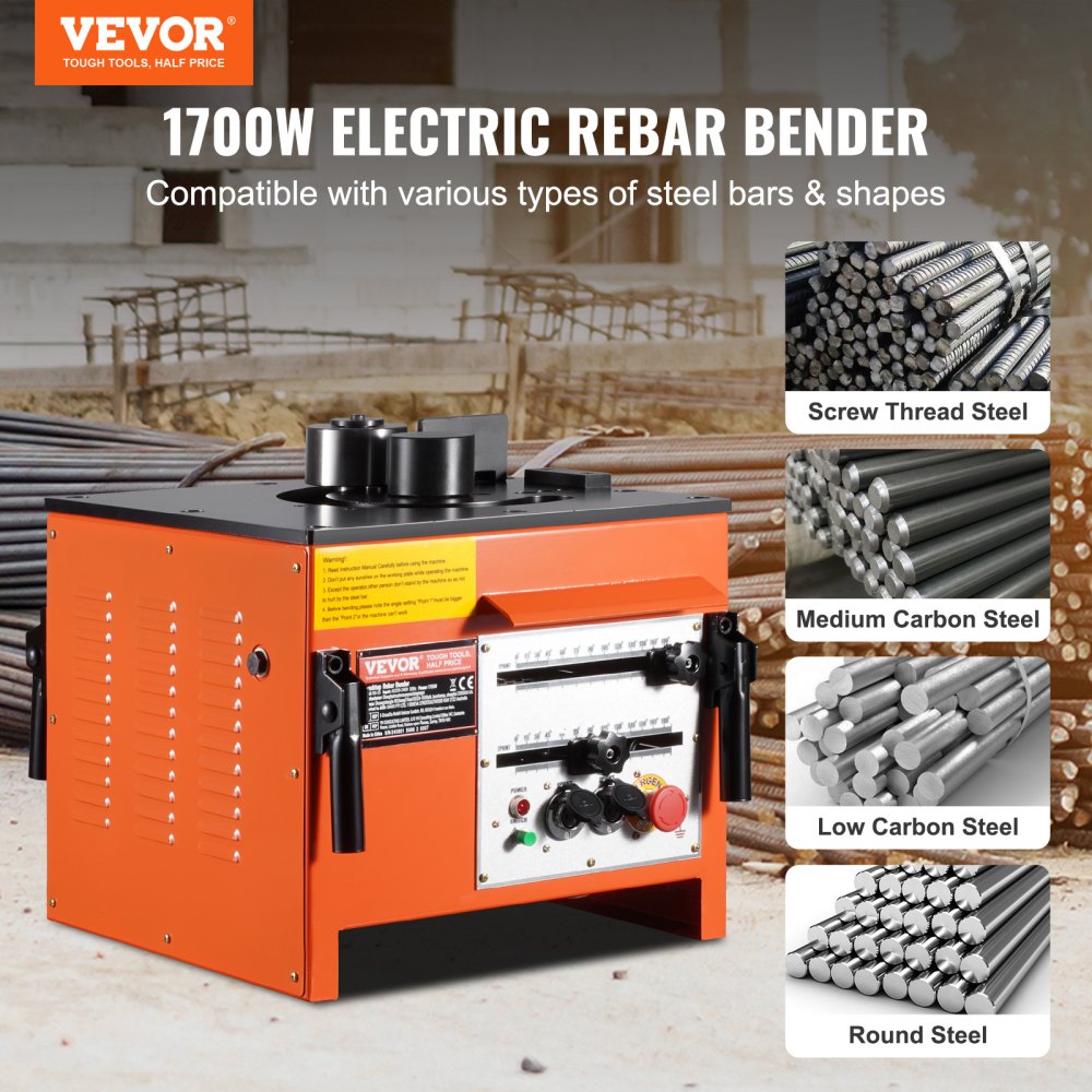 VEVOR Electric Rebar Bender for Workbench Use, 1700 W Hydraulic Electric Rebar Bending Machine, 3 Bending Angles up to 4-25 mm within 4 Seconds, Rebar Bender with Accessories