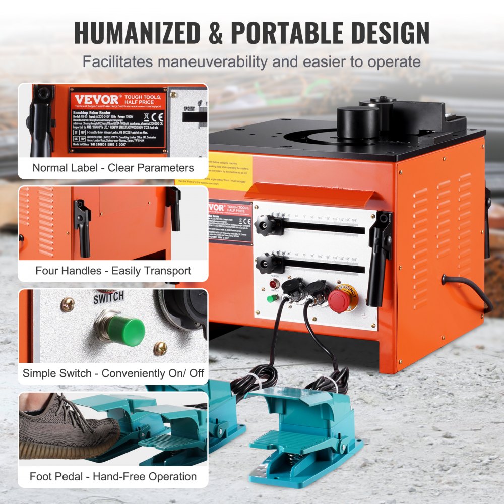 VEVOR Electric Rebar Bender for Workbench Use, 1700 W Hydraulic Electric Rebar Bending Machine, 3 Bending Angles up to 4-25 mm within 4 Seconds, Rebar Bender with Accessories