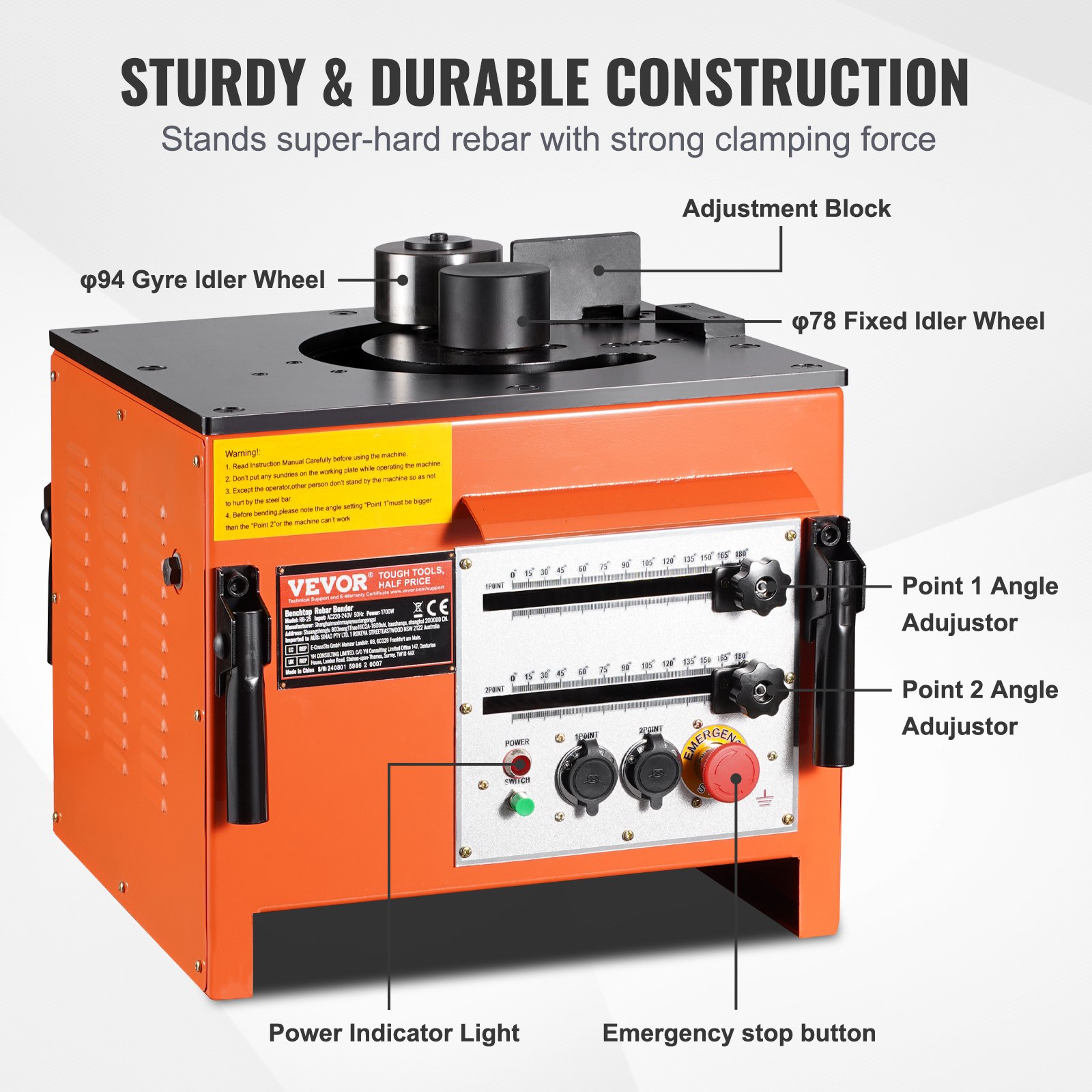 VEVOR Electric Rebar Bender for Workbench Use, 1700 W Hydraulic Electric Rebar Bending Machine, 3 Bending Angles up to 4-25 mm within 4 Seconds, Rebar Bender with Accessories