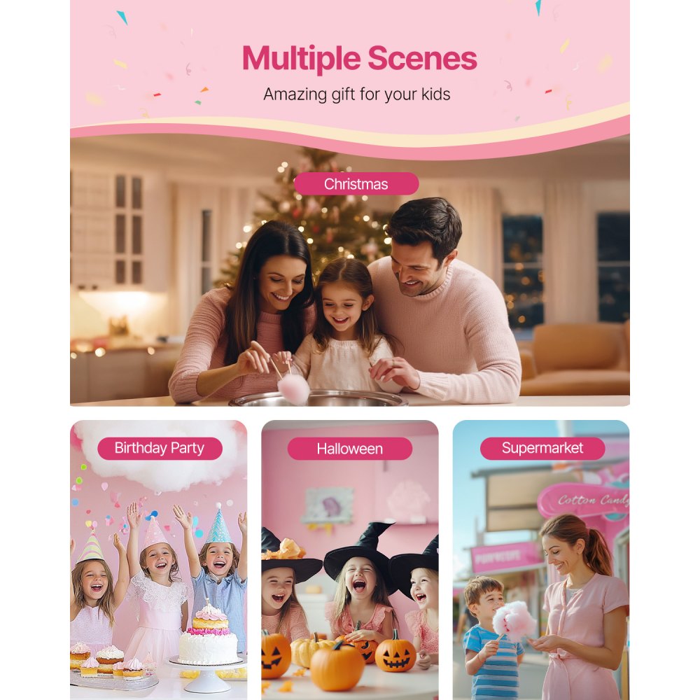 VEVOR Máquina Eléctrica para Hacer Algodón de Azúcar, 1000 W, con Recipiente Acero Inoxidable de 52 cm, Cuchara para Azúcar y Cajón, para Cumpleaños y Fiestas Familiares, Rosa, 520 x 520 x 447 mm