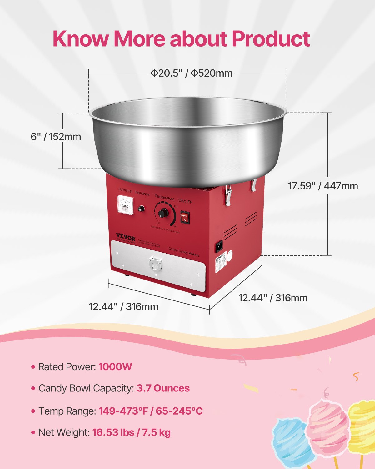 VEVOR Máquina Eléctrica para Hacer Algodón de Azúcar, 1000 W, con Recipiente Acero Inoxidable de 52 cm, Cuchara para Azúcar y Cajón, para Cumpleaños y Fiestas Familiares, Rojo, 520 x 520 x 447 mm