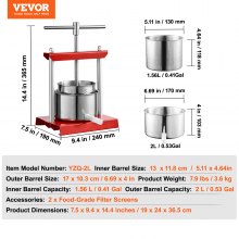 VEVOR Prensa de Vino de Frutas, 2 Barriles de Acero Inoxidable de 2 L, Exprimidor Manual, Prensa para Hacer Aceite de Oliva, Miel y Tintura de Sidra de Manzana y Uva con Mango en T para Exteriores