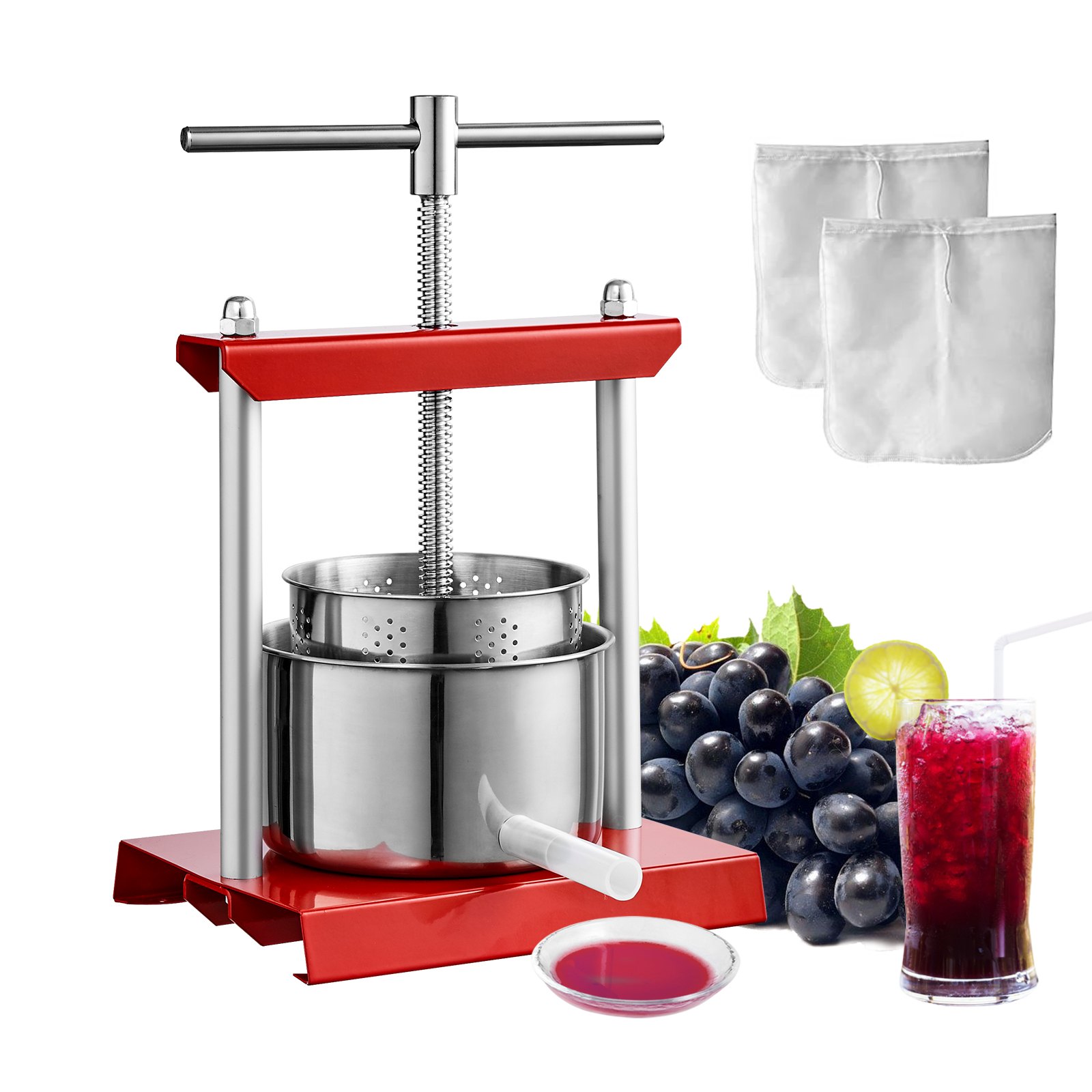 VEVOR Prensa de Vino de Frutas 2 Barriles de Acero Inoxidable 3 L Exprimidor Manual, Prensa para Hacer Zumo, Aceite de Oliva, Miel, Verduras y Tintura de Uva, Mango en T para Exteriores, Cocina, Hogar