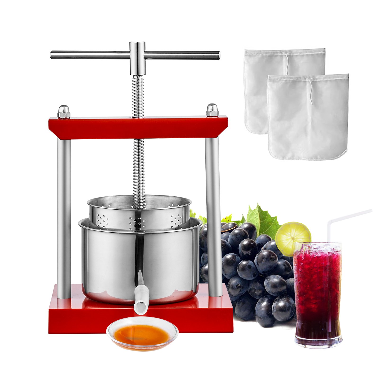 VEVOR Prensa de Vino de Frutas 2 Barriles de Acero Inoxidable 3 L Exprimidor Manual, Prensa para Hacer Zumo, Aceite de Oliva, Miel, Verduras y Tintura de Uva, Mango en T para Exteriores, Cocina, Hogar