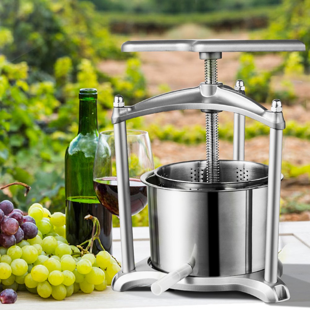 VEVOR Prensa de Vino de Frutas 2 Barriles de Acero Inoxidable 6 L, Exprimidor Manual, Prensa para Hacer Zumo, Aceite de Oliva, Miel y Verduras con Mango en T, Estructura Triangular para Cocina, Hogar