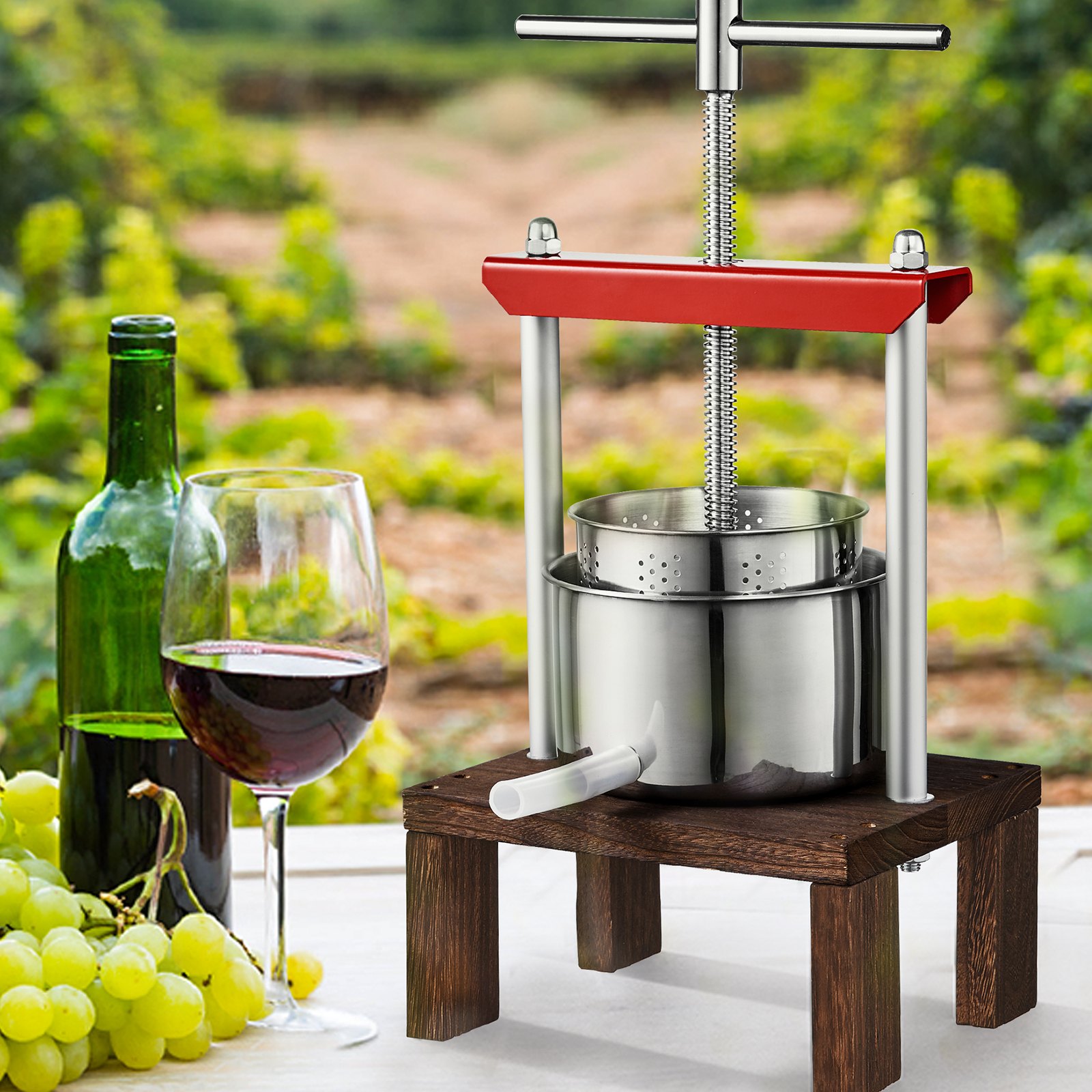 VEVOR Prensa de Vino de Frutas 2 Barriles de Acero Inoxidable de 2 L Exprimidor Manual Prensa para Hacer Zumo de Sidra, Manzana, Uva, Tintura, Verduras, Aceite de Oliva con Mango en T y Base Estable