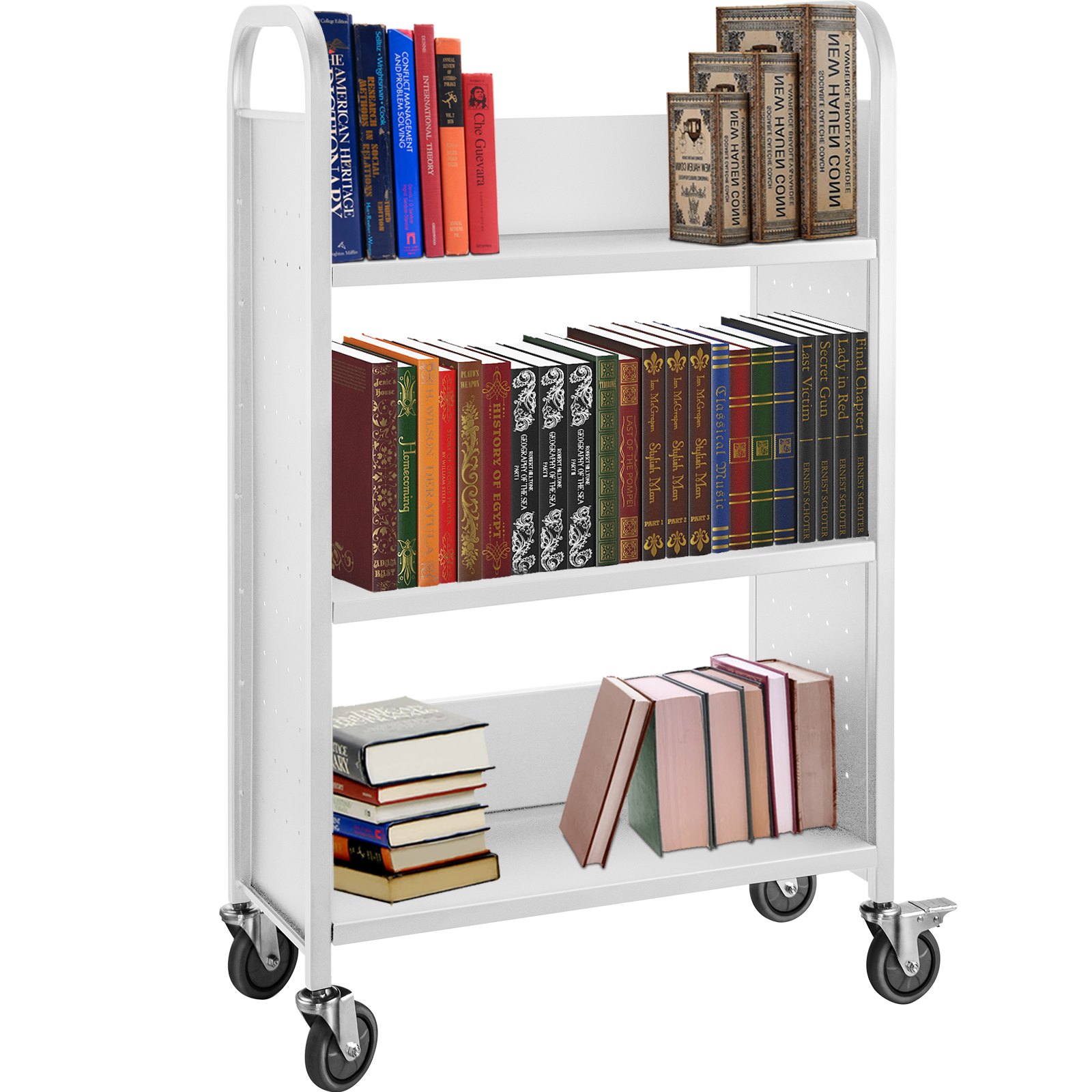 Carro para libros Carro para biblioteca de 200 lb con estantes inclinados en forma de L de un solo lado en blanco