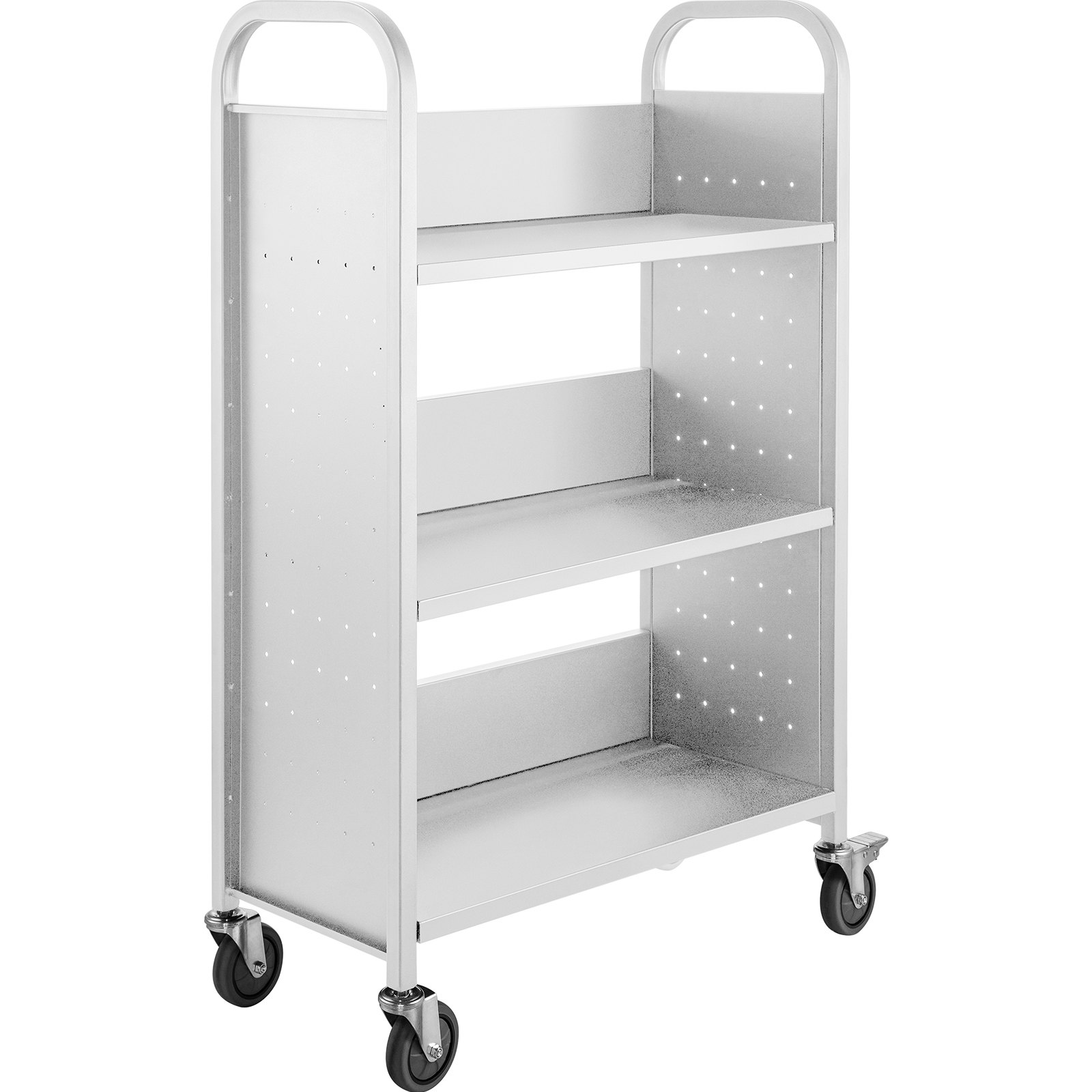 Carro para libros Carro para biblioteca de 200 lb con estantes inclinados en forma de L de un solo lado en blanco
