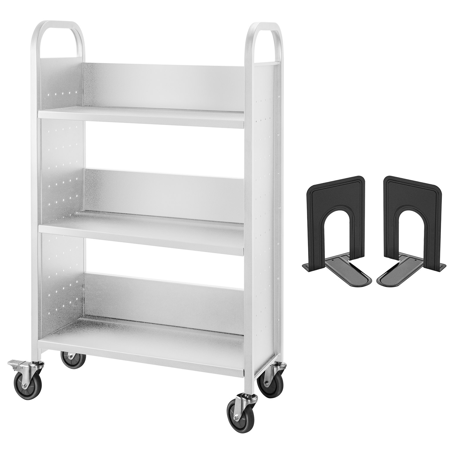 Carro para libros Carro para biblioteca de 200 lb con estantes inclinados en forma de L de un solo lado en blanco