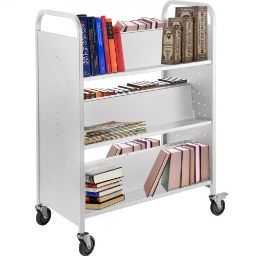 VEVOR Carrito Blanco para Libros con Ruedas, Carro con Estantes Inclinados en Forma de W de Doble Lado, 1250 x 900 x 480 mm, Carga de 90 kg, Carro de Libros para Biblioteca, Oficina, Escuela, Casa