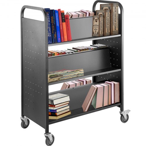 Carro para libros VEVOR, carro para biblioteca de 200 libras con estantes inclinados en forma de W de doble cara, negro
