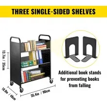 Carro para libros VEVOR, carro para biblioteca de 200 libras con estantes inclinados en forma de W de doble cara, negro