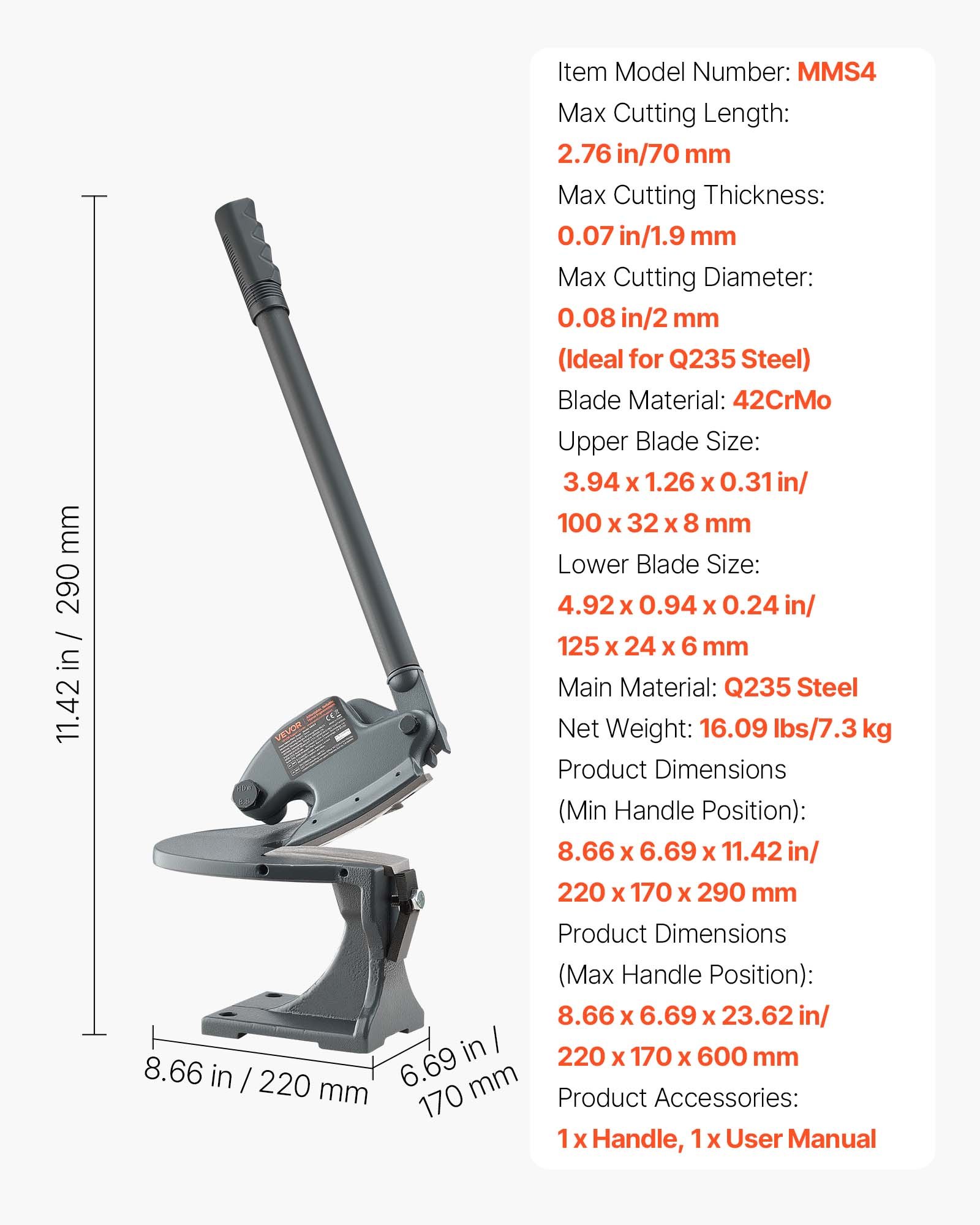 VEVOR Cizalla para Chapa Metálica, Cizalla Manual para Chapa de Sobremesa sin Garganta con Estructura de Acero Sólido, Tipo de Montaje, Espesor Máximo de Corte de 1,9 mm para Acero/Cobre/Aluminio