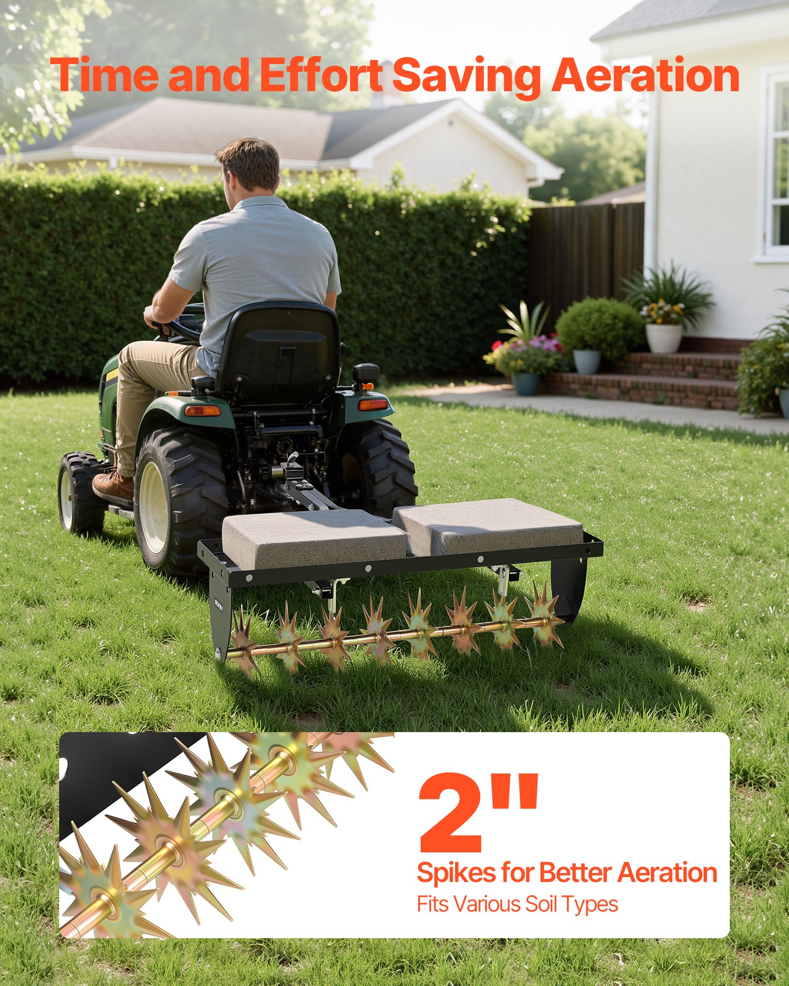 VEVOR Aireador de Césped Remolcado con Asiento, Marco de Acero Reforzado, 82 cm de Ancho, Soporta 45 kg, Profundidad 5 cm, Compatible con Tractores Cortacéspedes y Cortacésped, para Jardín Compactados