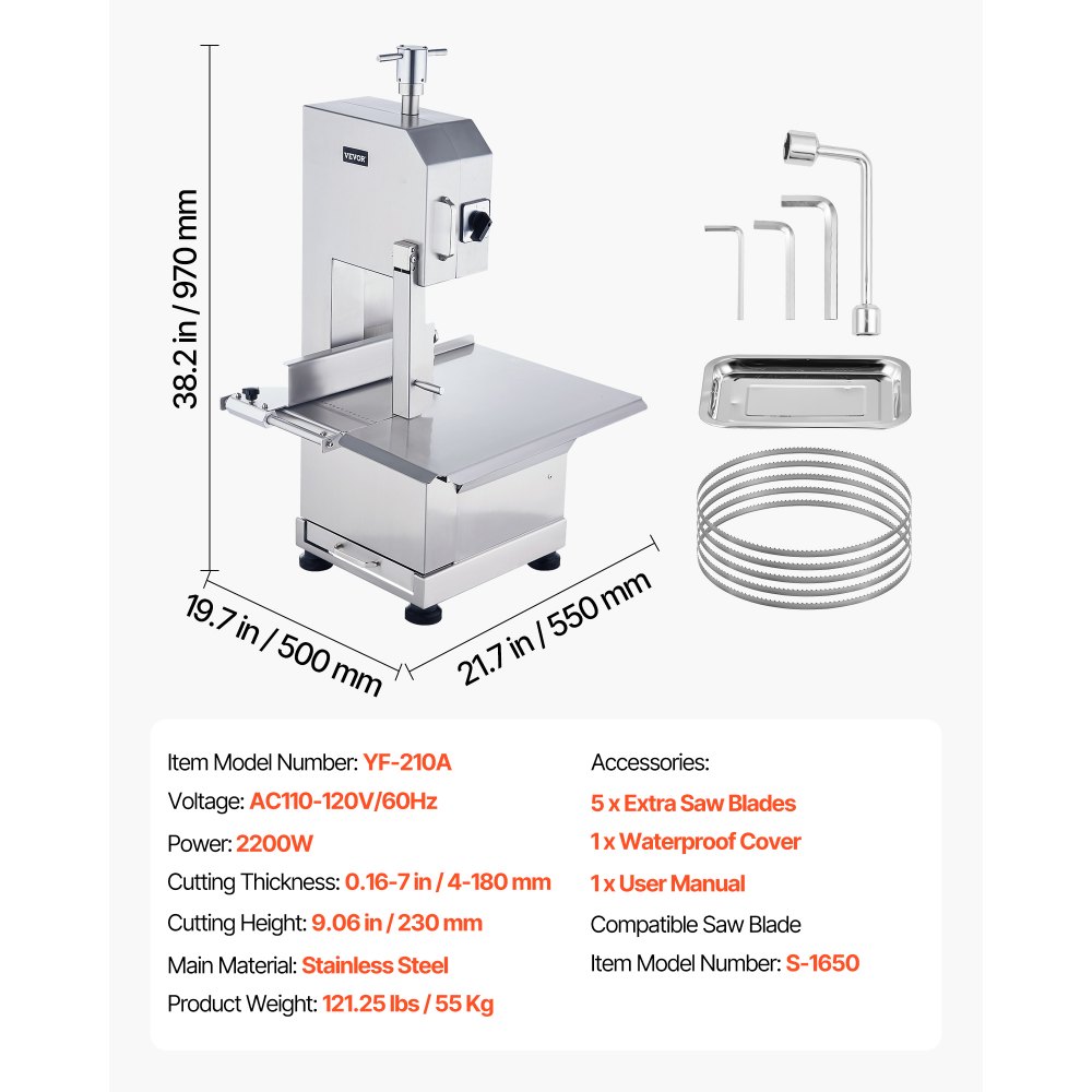 VEVOR Sierra Eléctrica Comercial para Huesos de Carnicero 2200 W Máquina Cortadora de Huesos 1000 kg/h Cortadora Eléctrica para Carne Congelada Mesa de Trabajo 470x530 mm para Supermercado Restaurante