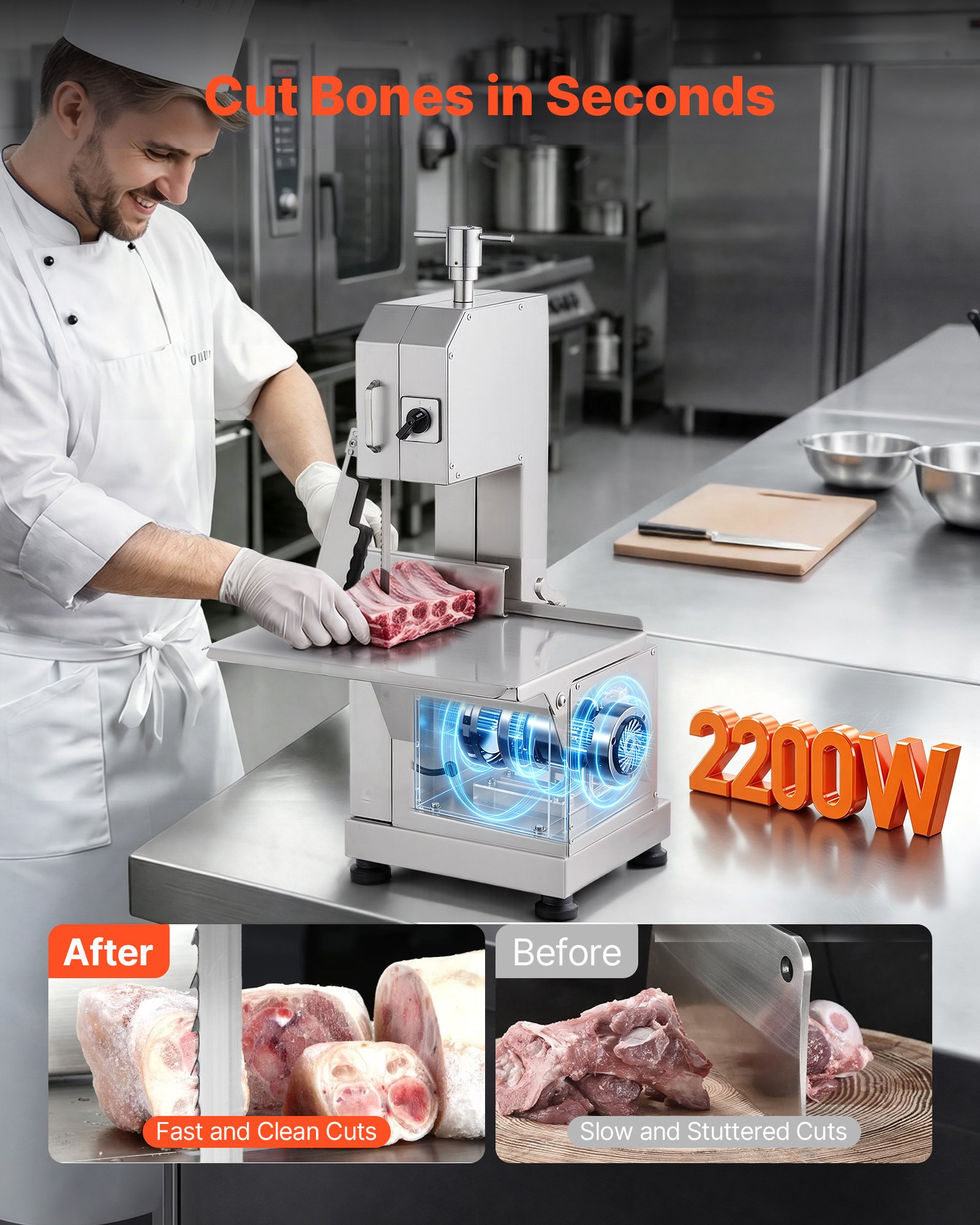 VEVOR Sierra Eléctrica Comercial para Huesos de Carnicero 2200 W Máquina Cortadora de Huesos 1000 kg/h Cortadora Eléctrica para Carne Congelada Mesa de Trabajo 470x530 mm para Supermercado Restaurante
