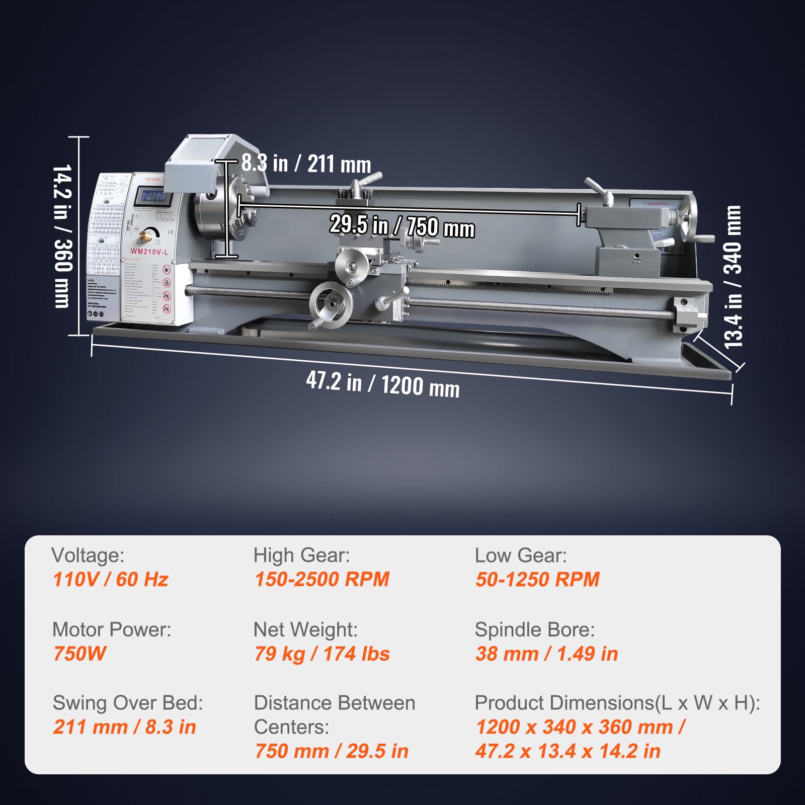 VEVOR Torno de Metal 211x750 mm Torno de Metal de Sobremesa 50-2500 RPM Velocidad Variable Continua 750 W sin Escobillas Engranajes de Metal con Caja de Herramientas para Procesamiento de Precisión