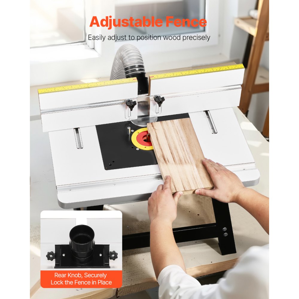 VEVOR router table, 610x400x530 mm, router table workbench with adjustable fence, MDF board, stable metal base, 63 mm dust collection port, compatible with router bits and various drill bits