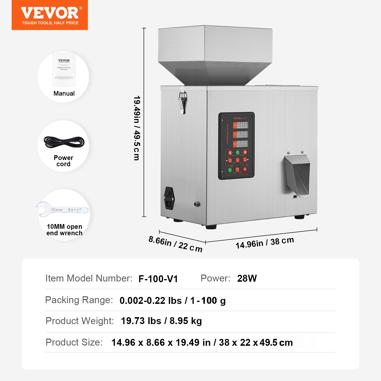 VEVOR Powder Filling Machine 0.002-0.22 lbs/1-100 g Automatic Intelligent Particle Weighing Filling Machine Bottle Bag Powder Filler Particle Dispenser for Tea Seeds, Grains, Powder, Flour, Beans, Glitter