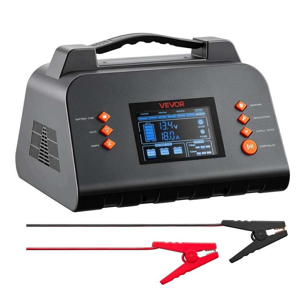 VEVOR Cargador de Batería de Coche 20A 6V 12V 24V para Litio LiFePO4 Plomo-ácido, Mantenedor de Carga Lenta, Pantalla LCD, Carga en 7 Etapas, Compatible con Vehículos, Cortacésped, Caravana Compacta
