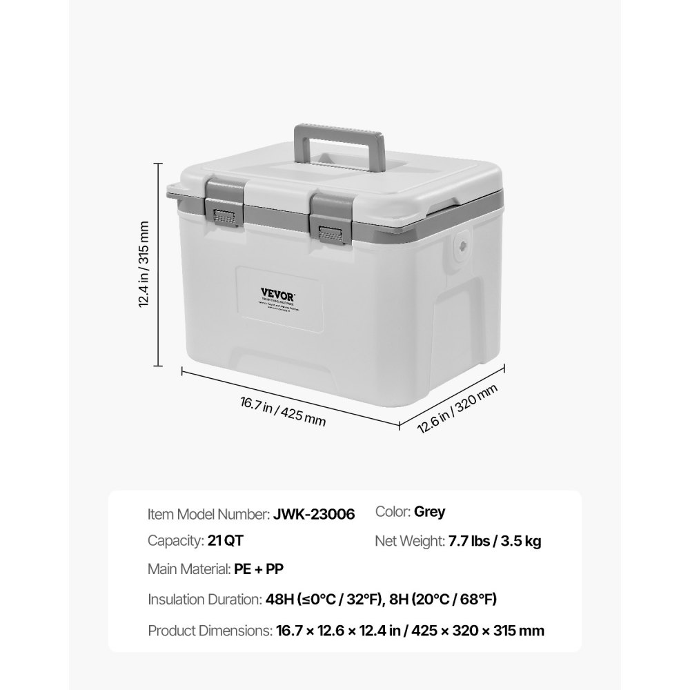 VEVOR Nevera Portátil Rígida con Retención de Hielo Asas Resistentes y Portavasos Enfriador Portátil Aislado de Material Ligero Adecuada para Pícnics Familiares, Viajes Cortos 425 x 320 x 315 mm