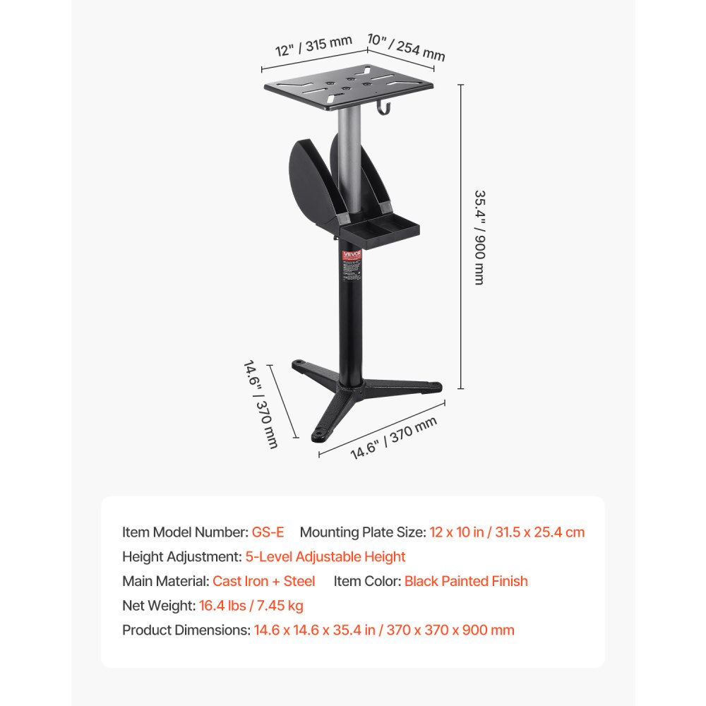 VEVOR Soporte para Amoladora de Banco, Pedestal de Suelo con Tornillo de Banco y Placa de Montaje, con Compartimento para Muelas Abrasivas y Base de Hierro Fundido Resistente, 370 x 370 x 900 mm