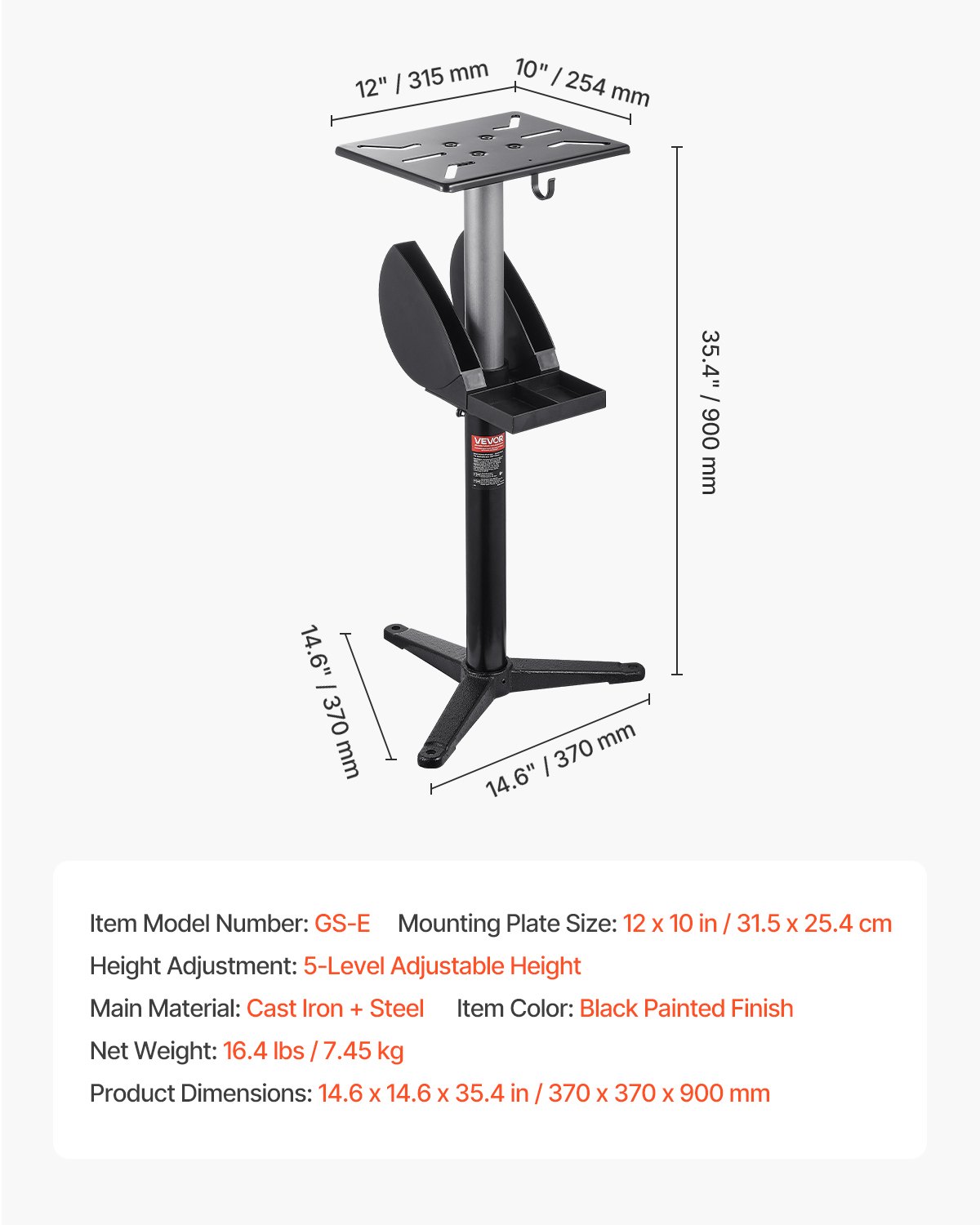 VEVOR grinding stand, table grinder base for double grinders with 315x254 mm mounting plate, height-adjustable base stand with grinding wheel storage compartment & cast iron base