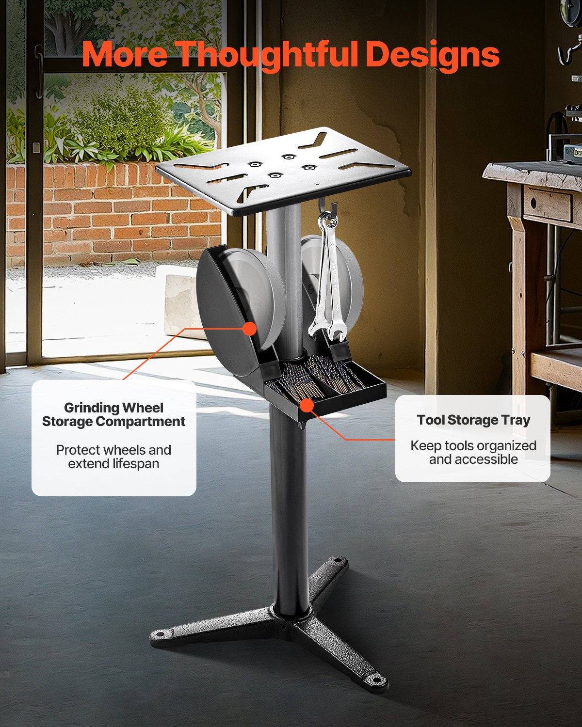 VEVOR Soporte para Amoladora de Banco, Pedestal de Suelo con Tornillo de Banco y Placa de Montaje, con Compartimento para Muelas Abrasivas y Base de Hierro Fundido Resistente, 370 x 370 x 900 mm