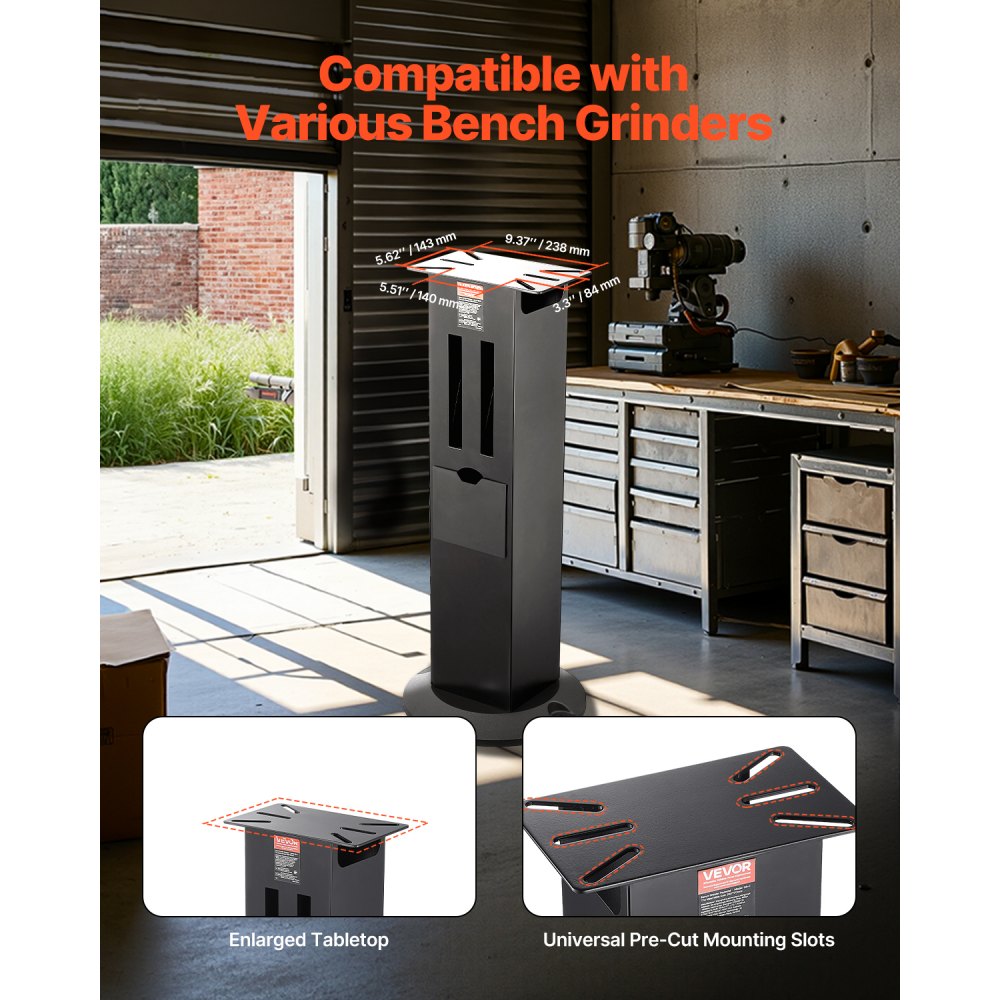 VEVOR Soporte para Amoladora de Banco, Pedestal de Suelo Resistente, con Placa de Montaje de 28 x 17 cm, Compartimentos para Muelas Abrasivas y Base de Hierro Fundido, 345 x 345 x 835 mm, Negro