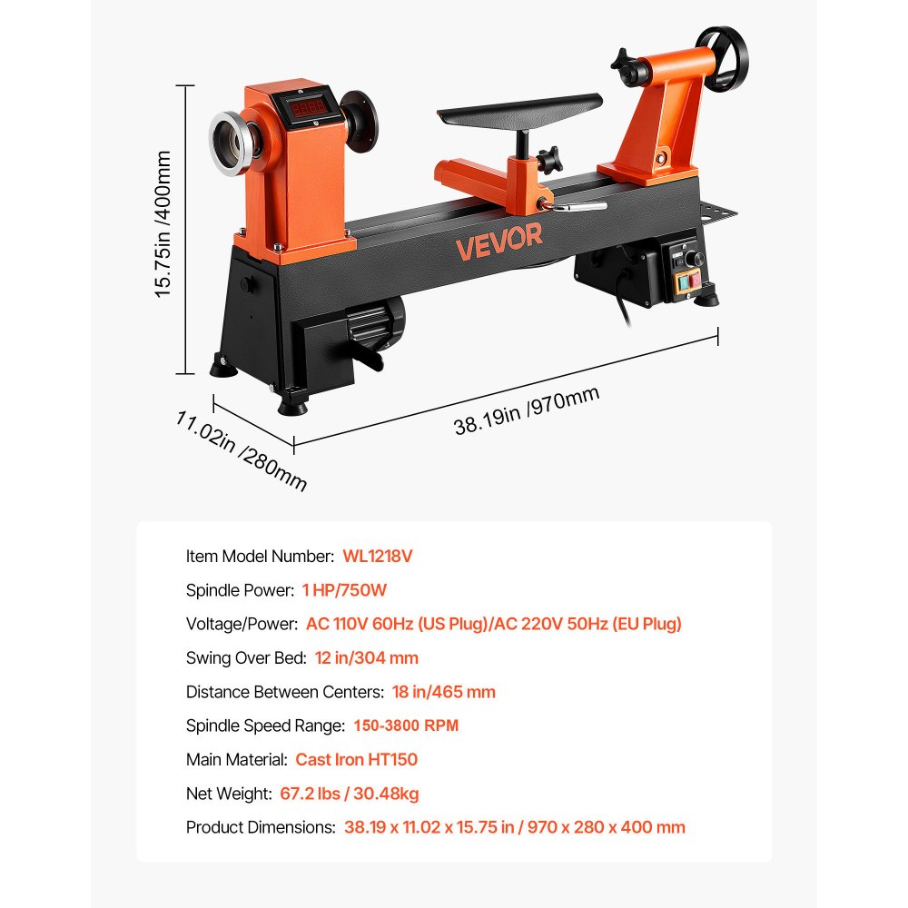 VEVOR 750 W Torno de Sobremesa de Carpintería con Velocidad Variable de 150 a 3800 RPM, Banco de Trabajo de 304 x 465 mm, Motor de CC sin Escobillas, Construcción de Hierro Fundido para Bricolaje