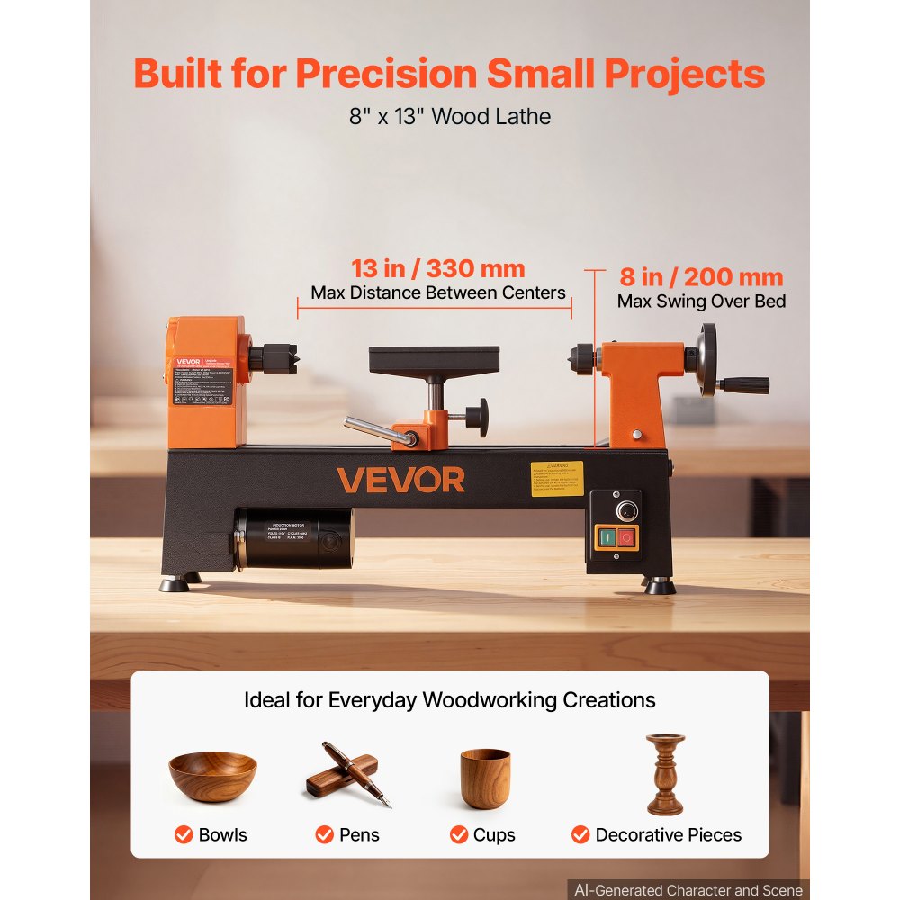 VEVOR Torno de Madera 1/3 HP 250 W, Torno de Mesa 200 x 330 mm, 220V 50Hz, Velocidad Variable de 150-3200 RPM, Husillo de Acero, Estable y Duradero, para Bricolaje en Carpintería y Torneado de Madera