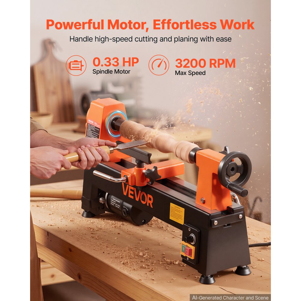VEVOR Torno de Madera 1/3 HP 250 W, Torno de Mesa 200 x 330 mm, 220V 50Hz, Velocidad Variable de 150-3200 RPM, Husillo de Acero, Estable y Duradero, para Bricolaje en Carpintería y Torneado de Madera