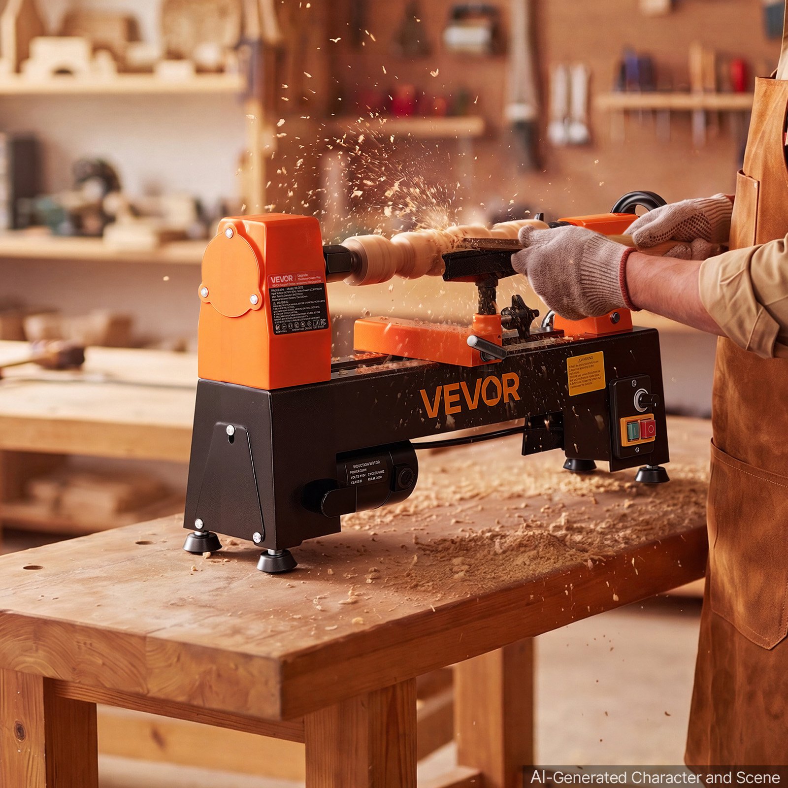 VEVOR Torno de Madera 1/3 HP 250 W, Torno de Mesa 200 x 330 mm, 220V 50Hz, Velocidad Variable de 150-3200 RPM, Husillo de Acero, Estable y Duradero, para Bricolaje en Carpintería y Torneado de Madera
