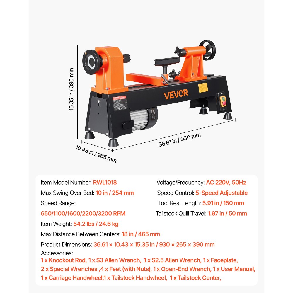 VEVOR Torno de Madera 1/2 HP 375 W, Torno de Mesa 254 x 465 mm, 220V 50Hz, 5 Velocidades (780, 1320, 1920, 2640, 3840 RPM), Estable y Duradero, para Bricolaje en Carpintería y Torneado de Madera