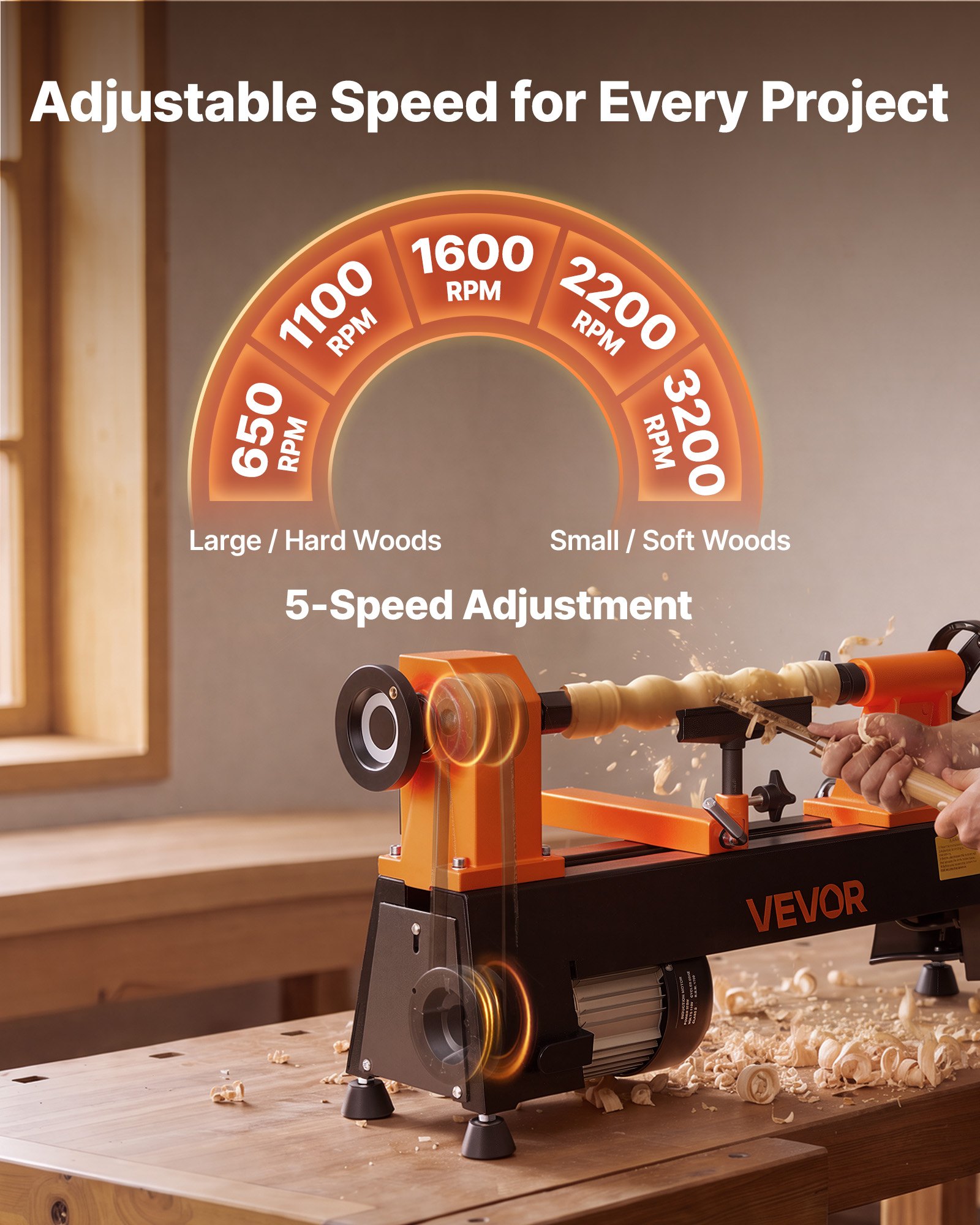 VEVOR Torno de Madera 1/2 HP 375 W, Torno de Mesa 254 x 465 mm, 220V 50Hz, 5 Velocidades (780, 1320, 1920, 2640, 3840 RPM), Estable y Duradero, para Bricolaje en Carpintería y Torneado de Madera