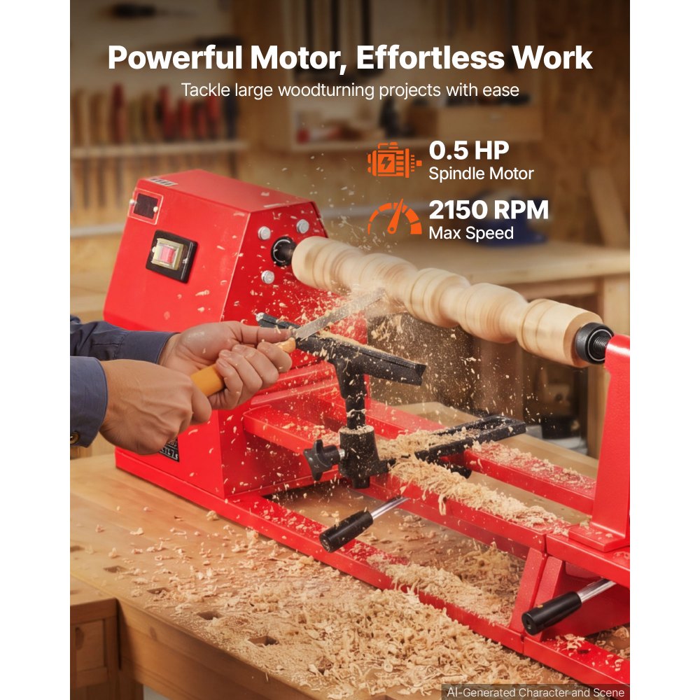VEVOR Torno de Madera 1/2HP 375W, Torno de Mesa 355x1016 mm, 220V 50Hz, 4 Velocidades (930/1500/2050/2500 RPM), Husillo de Acero, Estable y Duradero, para Bricolaje en Carpintería y Torneado de Madera