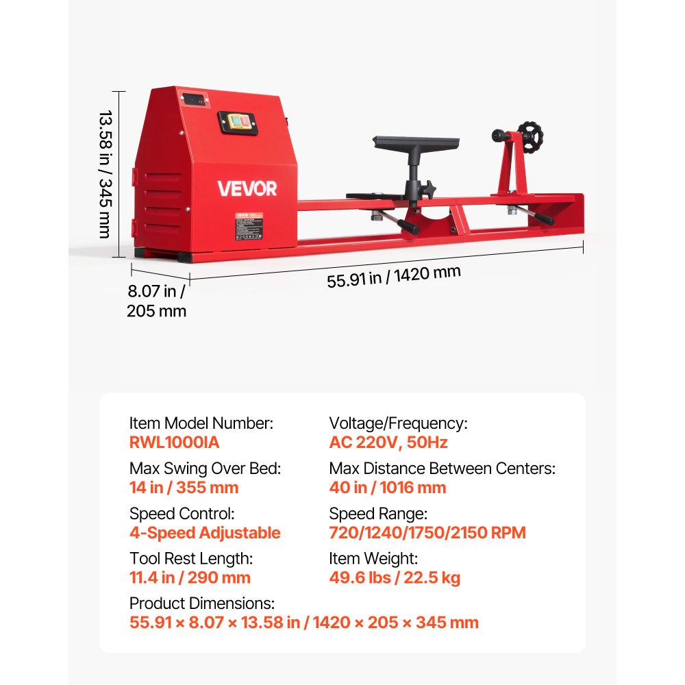 VEVOR Torno de Madera 1/2HP 375W, Torno de Mesa 355x1016 mm, 220V 50Hz, 4 Velocidades (930/1500/2050/2500 RPM), Husillo de Acero, Estable y Duradero, para Bricolaje en Carpintería y Torneado de Madera