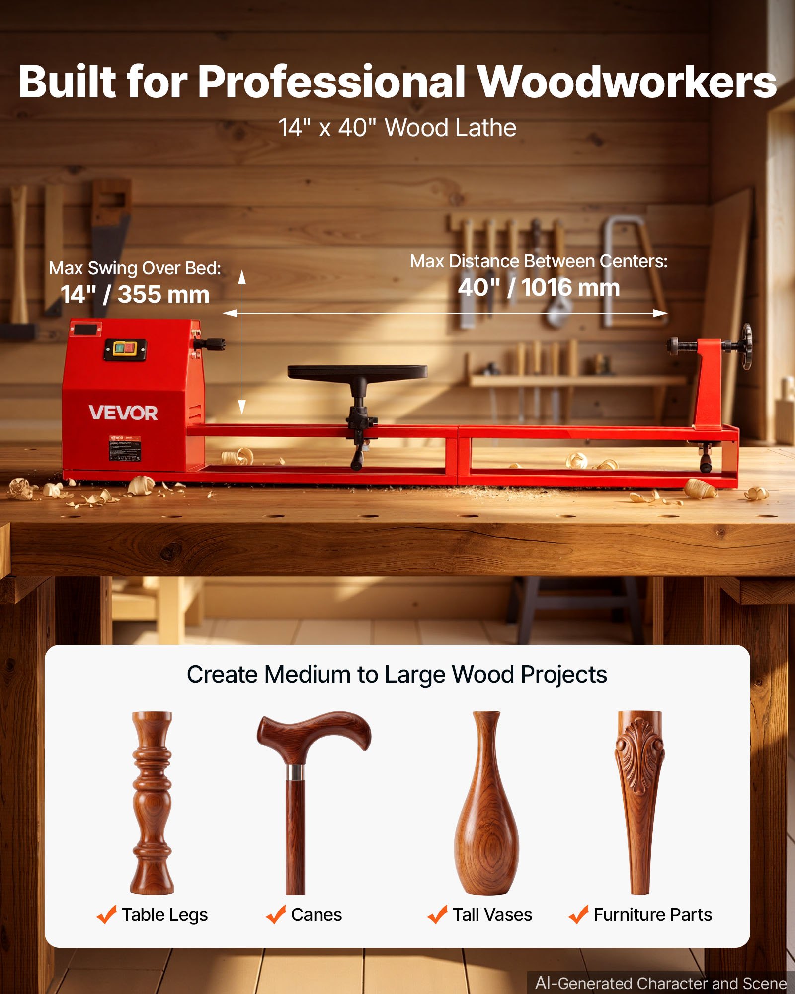 VEVOR Torno de Madera 1/2HP 375W, Torno de Mesa 355x1016 mm, 220V 50Hz, 4 Velocidades (930/1500/2050/2500 RPM), Husillo de Acero, Estable y Duradero, para Bricolaje en Carpintería y Torneado de Madera