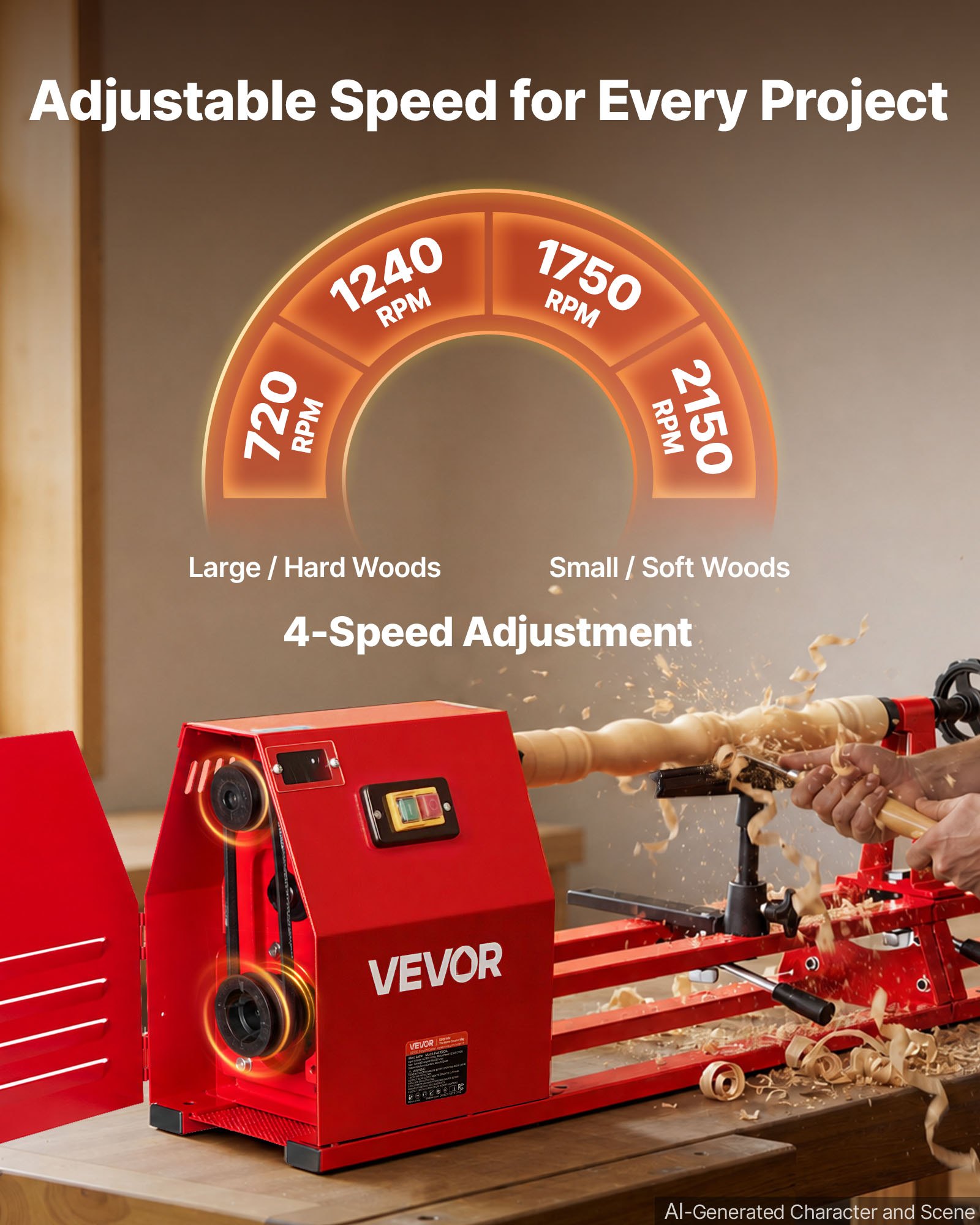 VEVOR Torno de Madera 1/2HP 375W, Torno de Mesa 355x1016 mm, 220V 50Hz, 4 Velocidades (930/1500/2050/2500 RPM), Husillo de Acero, Estable y Duradero, para Bricolaje en Carpintería y Torneado de Madera