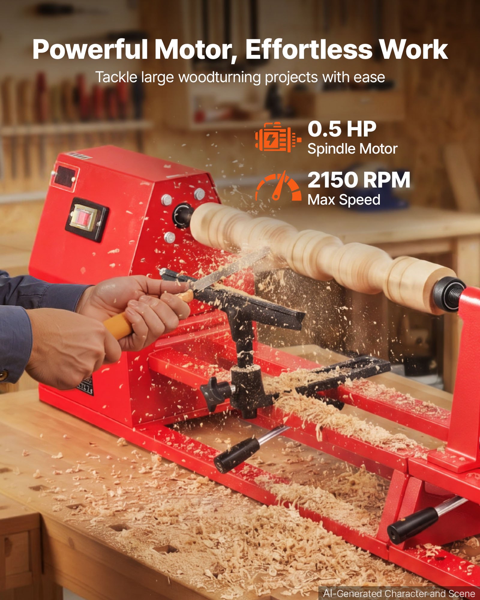 VEVOR Torno de Madera 1/2HP 375W, Torno de Mesa 355x1016 mm, 220V 50Hz, 4 Velocidades (930/1500/2050/2500 RPM), Husillo de Acero, Estable y Duradero, para Bricolaje en Carpintería y Torneado de Madera