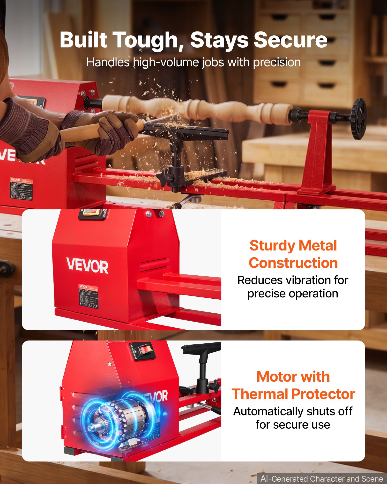 VEVOR Torno de Madera 1/2HP 375W, Torno de Mesa 355x1016 mm, 220V 50Hz, 4 Velocidades (930/1500/2050/2500 RPM), Husillo de Acero, Estable y Duradero, para Bricolaje en Carpintería y Torneado de Madera