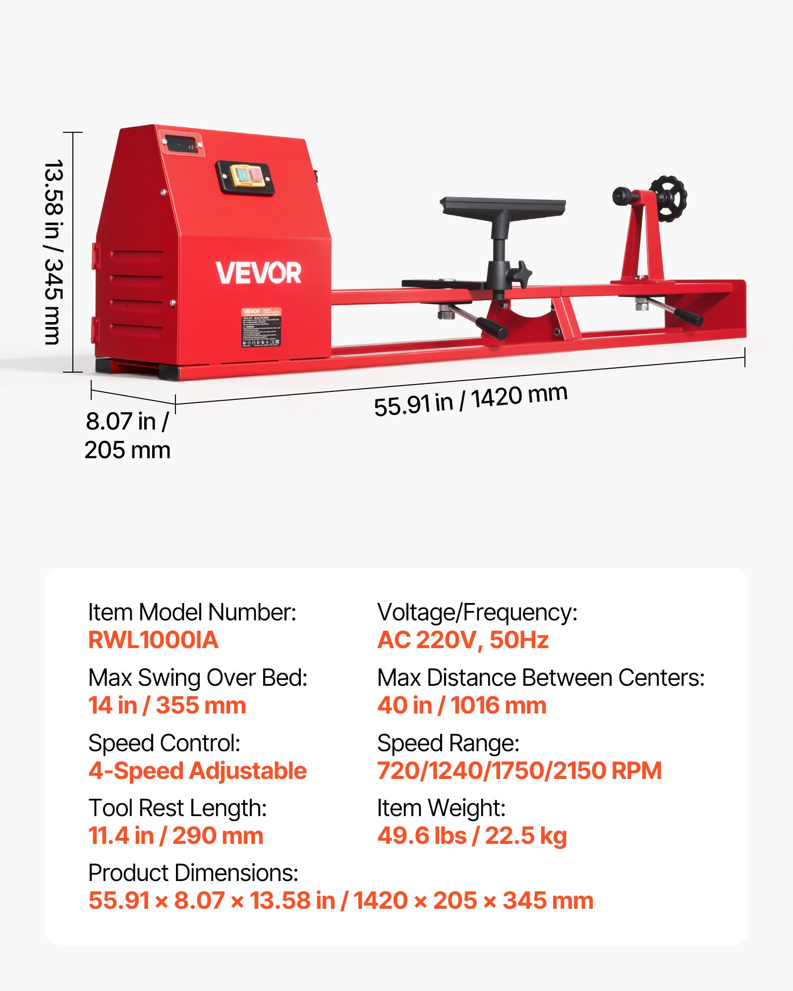 VEVOR Torno de Madera 1/2HP 375W, Torno de Mesa 355x1016 mm, 220V 50Hz, 4 Velocidades (930/1500/2050/2500 RPM), Husillo de Acero, Estable y Duradero, para Bricolaje en Carpintería y Torneado de Madera