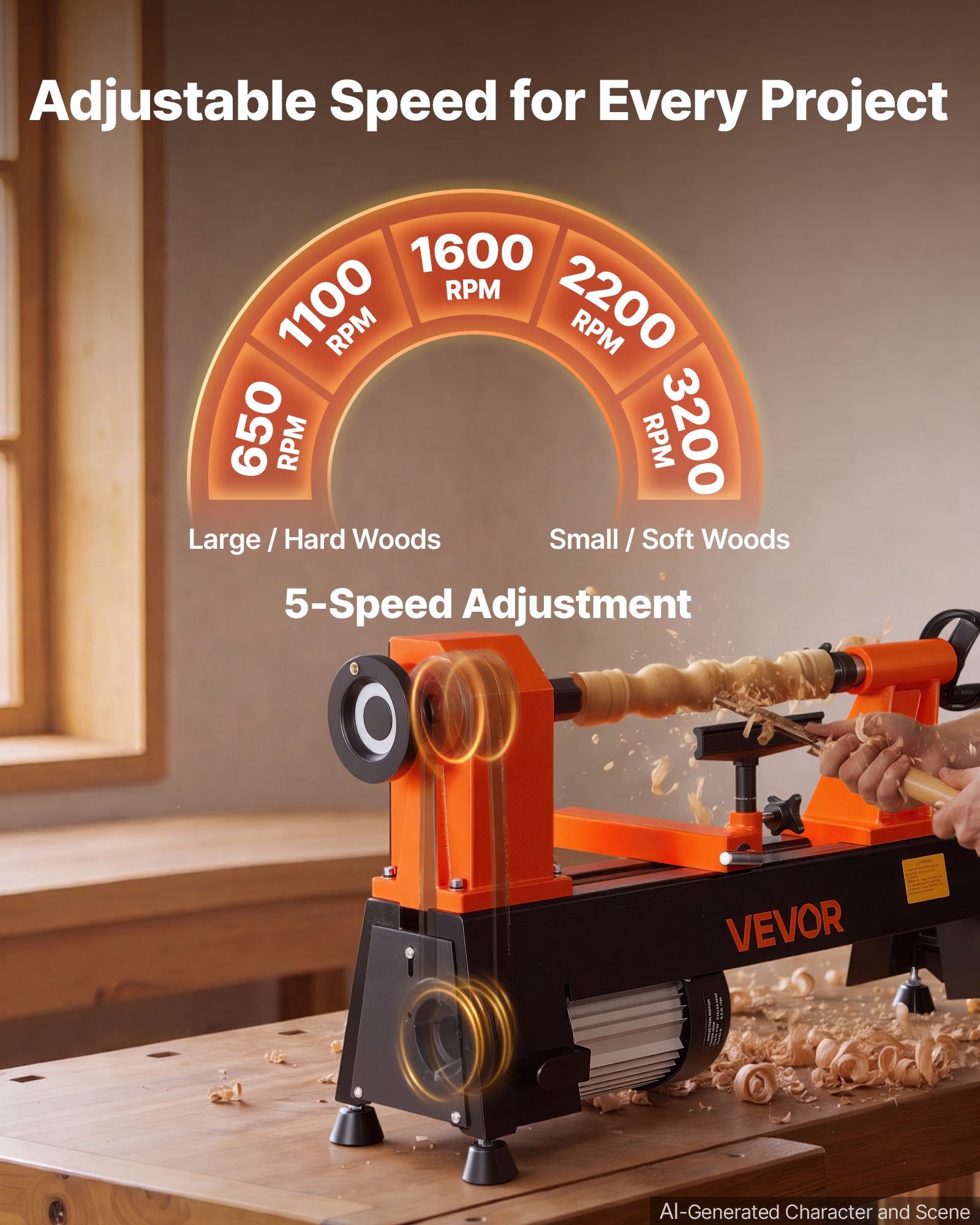VEVOR Torno de Madera 3/4 HP 560 W, Torno de Mesa 304 x 465 mm, 220 V 50 Hz, 5 Velocidades (780/1320/1920/2640/3840 RPM), Estable y Duradero, para Bricolaje en Carpintería y Torneado de Madera