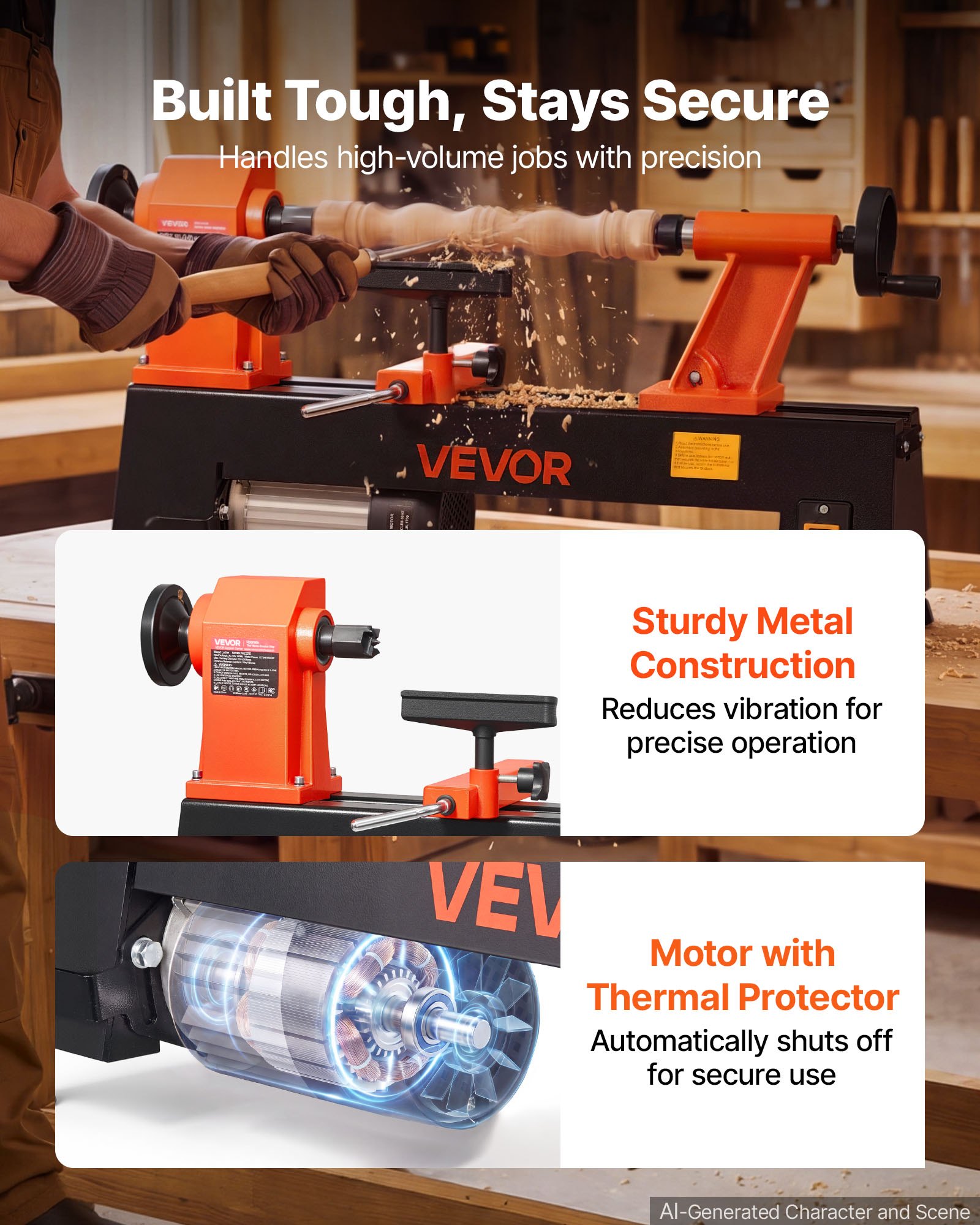 VEVOR Torno de Madera 3/4 HP 560 W, Torno de Mesa 304 x 465 mm, 220 V 50 Hz, 5 Velocidades (780/1320/1920/2640/3840 RPM), Estable y Duradero, para Bricolaje en Carpintería y Torneado de Madera
