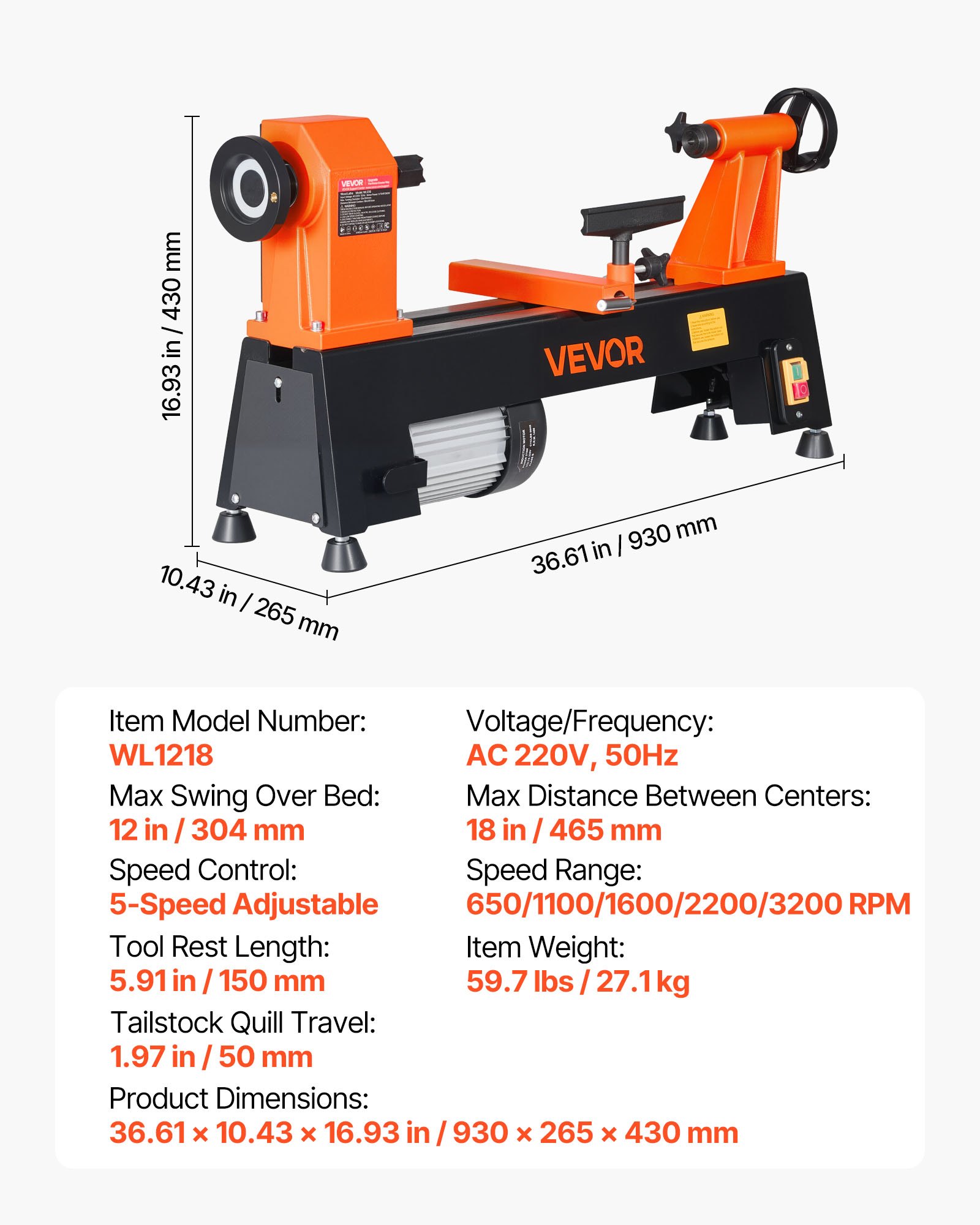 VEVOR Torno de Madera 3/4 HP 560 W, Torno de Mesa 304 x 465 mm, 220 V 50 Hz, 5 Velocidades (780/1320/1920/2640/3840 RPM), Estable y Duradero, para Bricolaje en Carpintería y Torneado de Madera