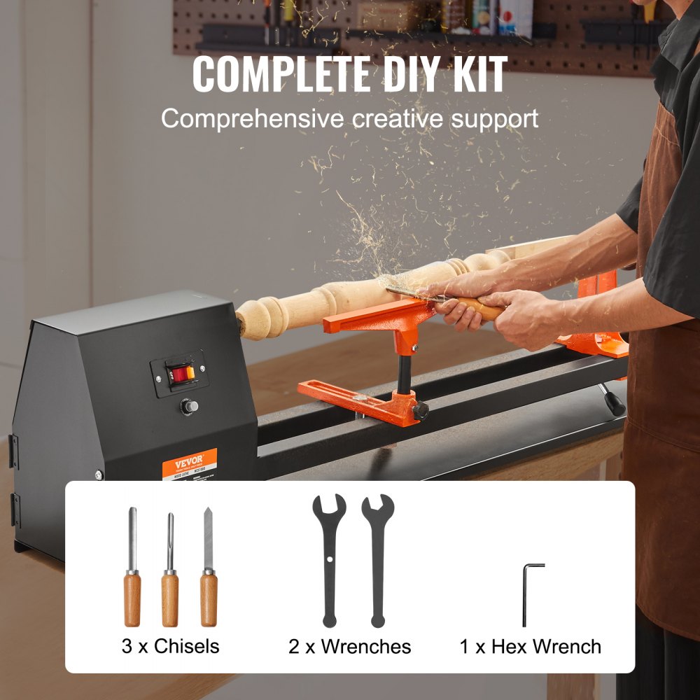 VEVOR Torno de Banco para Madera 350x970 mm Torno Eléctrico para Madera 370 W 0,5 HP 4 Velocidades Ajustables 885/1245/1715/2425 rpm Mango de Plástico Llave Hexagonal Herramienta Rotativa para Madera