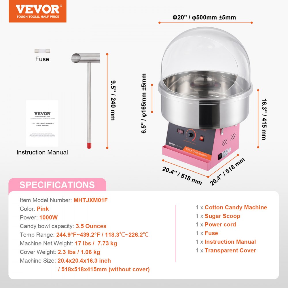 VEVOR Máquina Eléctrica de Algodón de Azúcar de 1000 W, Máquina Comercial de Algodón de Azúcar con Tapa, Tazón de Acero Inoxidable y Cuchara de Azúcar, Perfecta para Fiestas, 518 x 518 x 415 mm, Rosa